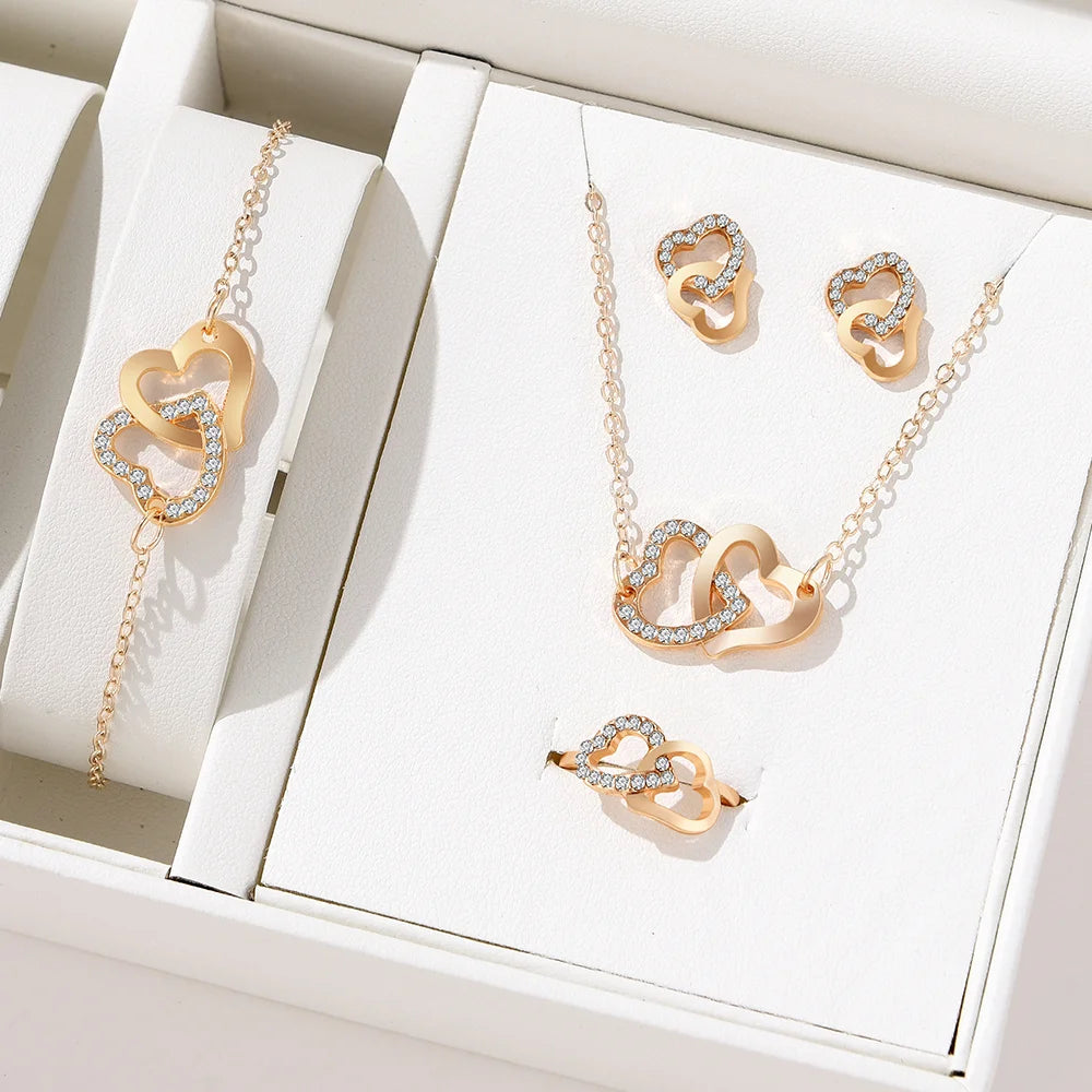 5-Piece wedding Fashionable &Exquisite Gold Rhinestone Heart Jewelry Set - Earrings, Necklace, Bracelet and Ring Combination Qme golden