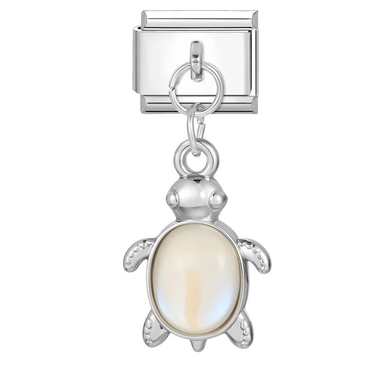 Colored Crystal Turtle Moon Heart Italian Charm Stainless Steel Link