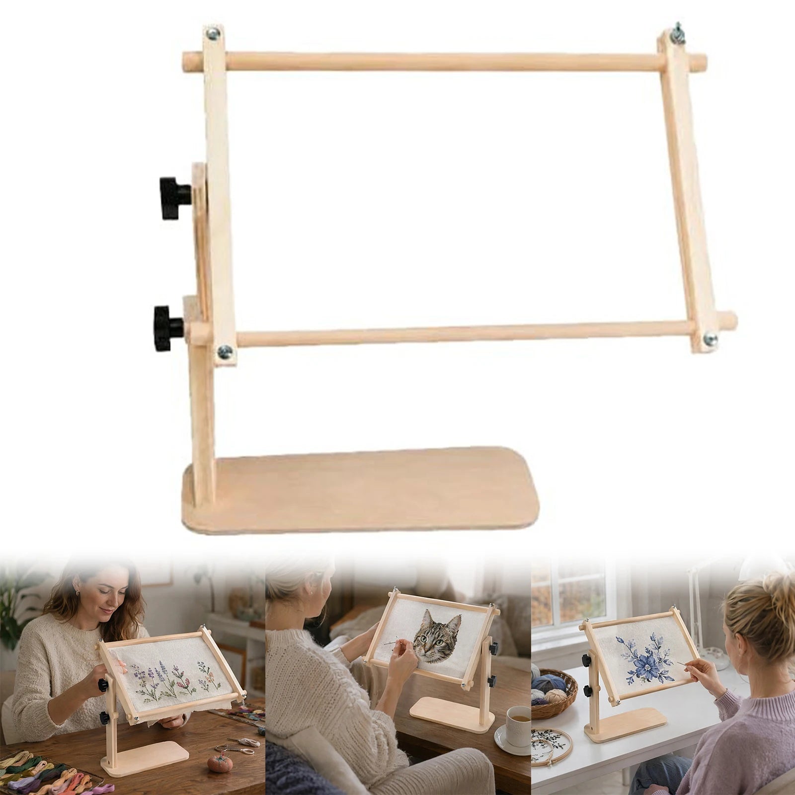 Adjustable Tabletop Embroidery Stand Multi-Purpose Hands-Free Cross Stitch Frame Holder Wood Scroll Frame for Stable Stitching Qme
