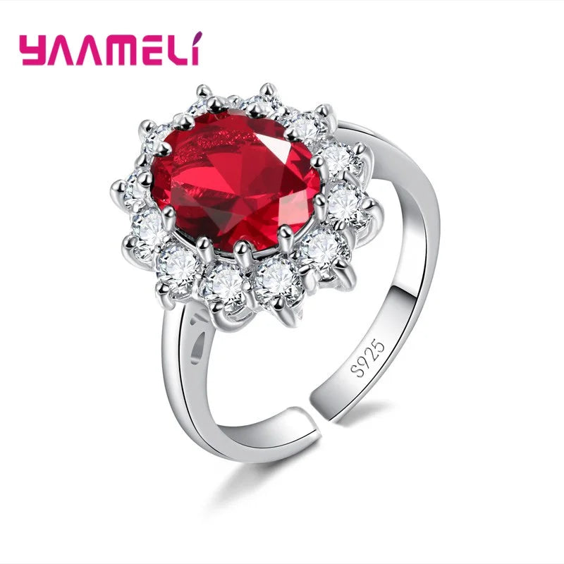 100% Authentic 925 Sterling Silver Color Women Wedding Engagement Jewelry Ring Classic Oval Flower Shiny Cubic Zircon Crystal Qme Red