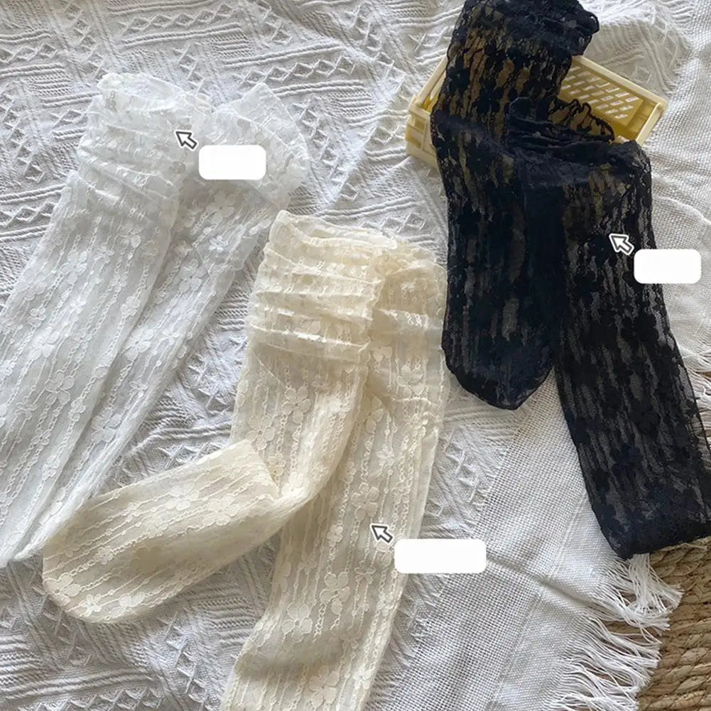 Women Sexy Black Fishnet Floral Pattern Lace Socks Thin Hollow Nylon Silk Retro Flower Pile Socks Ladies Transparent Crew Socks Qme