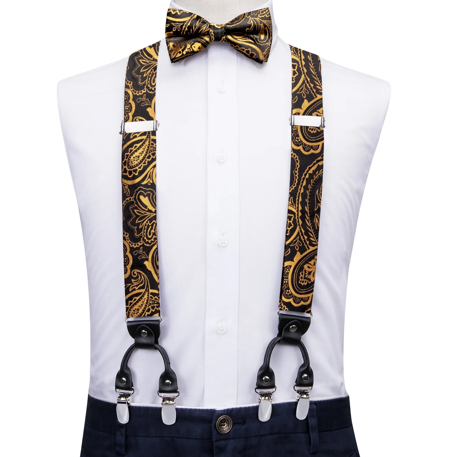 Silk Woven Mens Suspenders Bow Tie Hanky Cufflinks Strength 6 Clips Qme BD-3055