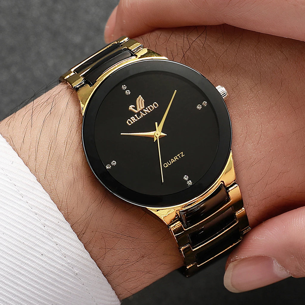 4PCS Fashion Men Business Watches Jewelry Set Luxury Rhinestone Male's Quartz Wristwatch Reloj Hombre (Without Box) Qme