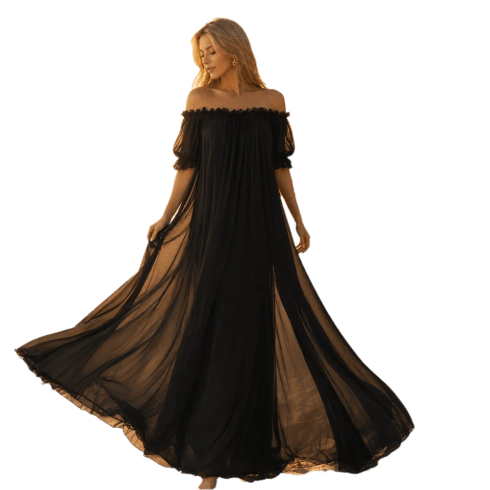 Home Dress Off Shoulder Sheer Nightgown V-neck Ruffle Mesh Nightdress Qme Black M
