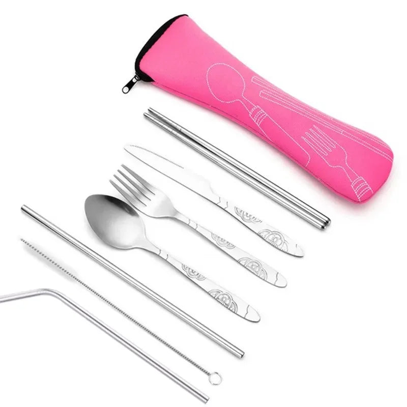 Portable Stainless Steel Cutlery Bag Spoon Fork Knife Chopsticks Qme Red