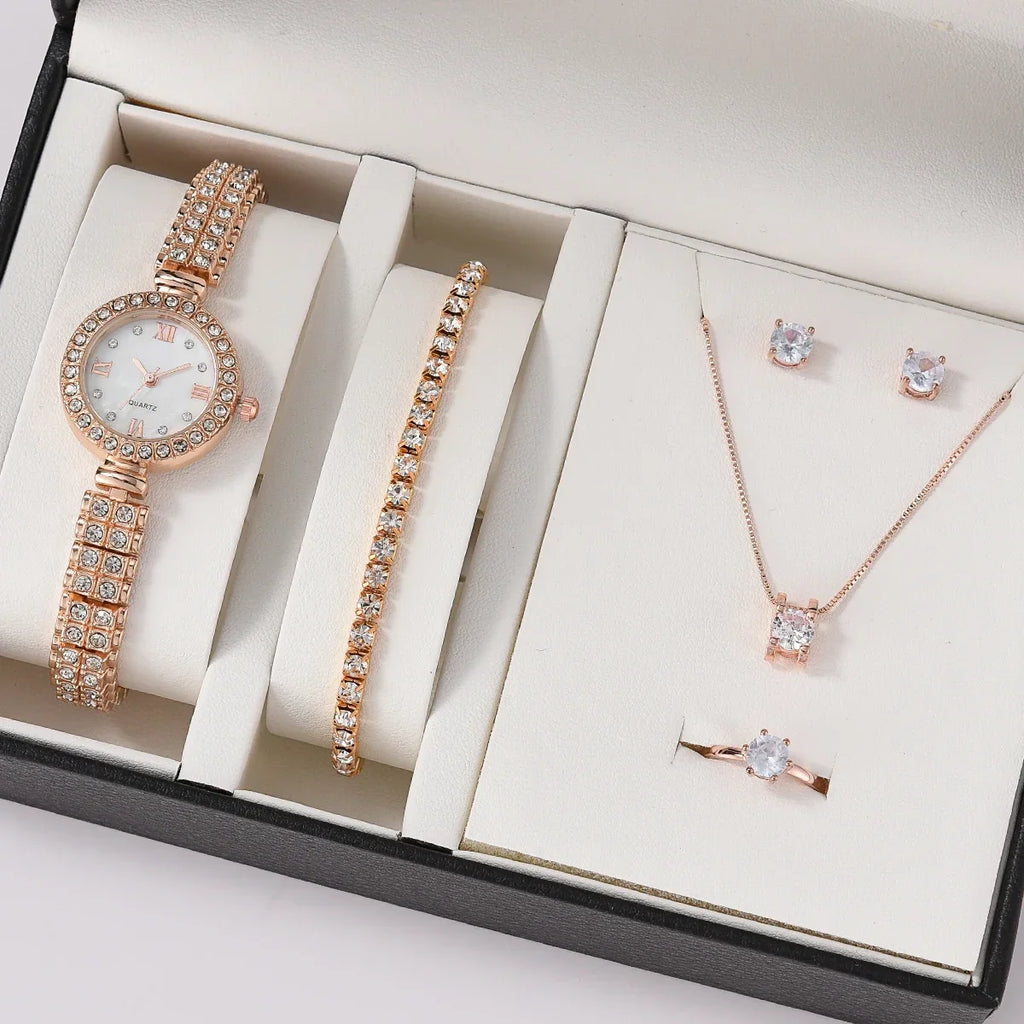 Women Quartz Watch Luxury with Diamonds Simple Stainless Steel Strap Clock Ring Necklace Earrings Rhinestone Set Reloj (no Box) Qme