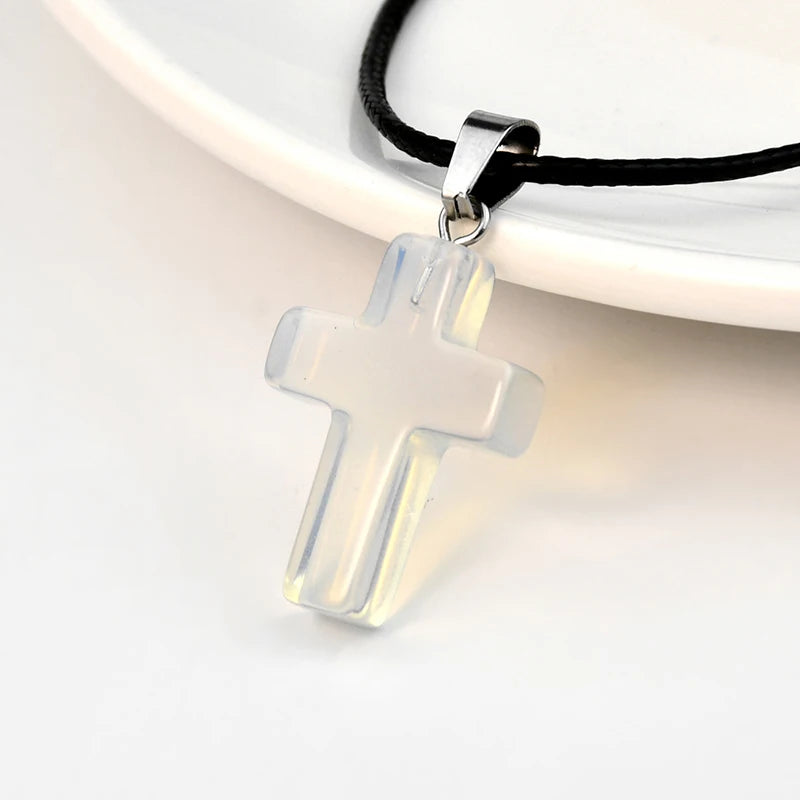 Natural Stone Cross Pendant Necklace, Colorful Punk Rock Style, Street Cool Vintage Y2K Goth Hip Hop Jewelry for Men and Women Qme A4