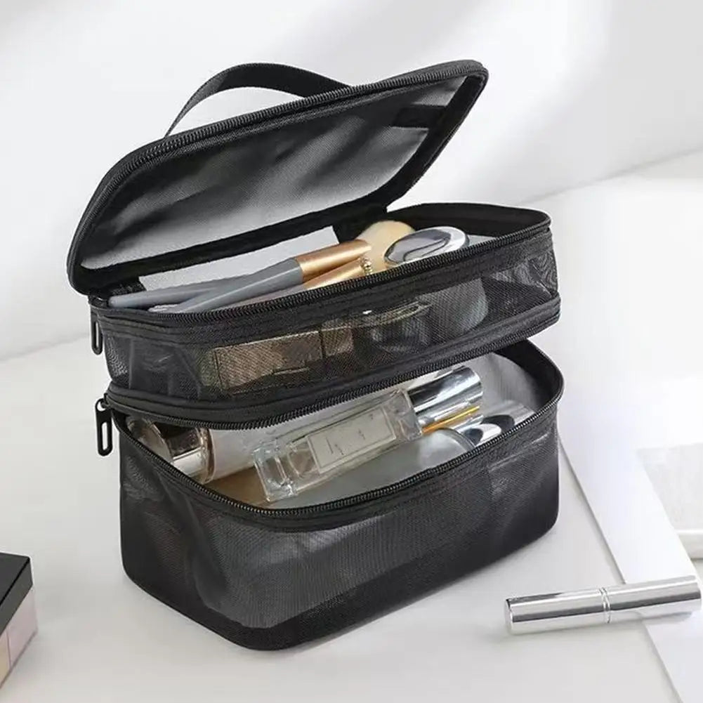 Travel Makeup Bag Handheld Mesh Storage Double Layer Cosmetic Pouch Qme