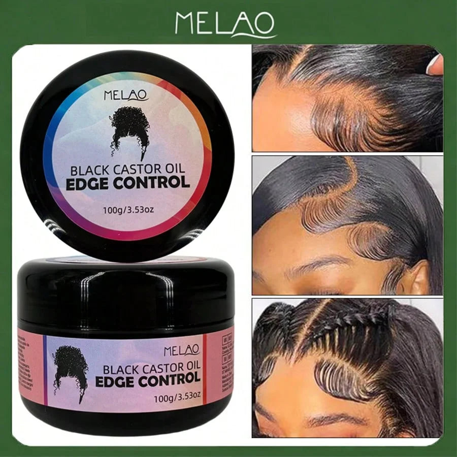 Black Castor Oil Edge Control, MELAO Strong Hold Edge Control Gel, for Natural & Textured Hair, Defines Hairline, Smoothes Holds Qme