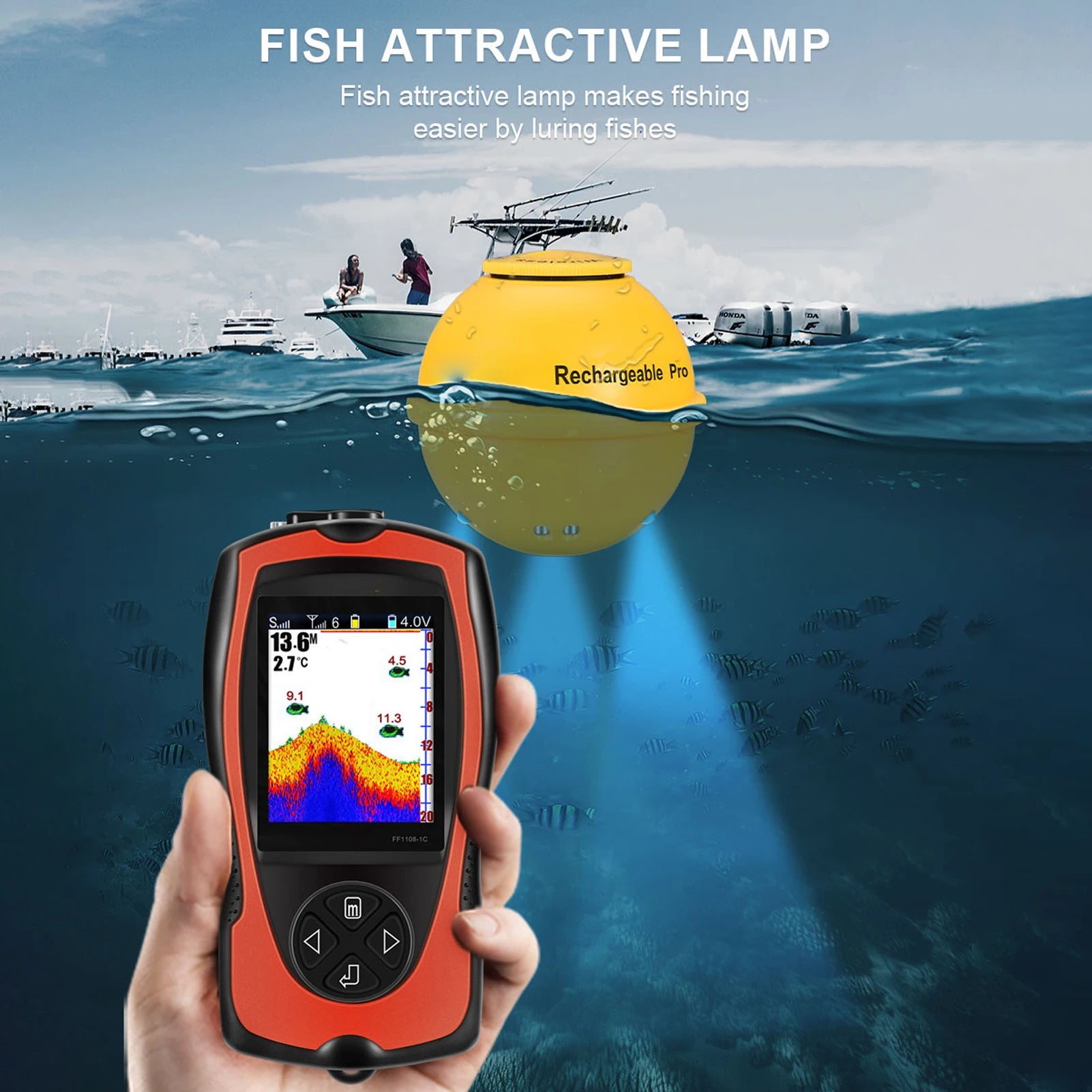 Sounder Fishfinder Portable Fish Finder Transducer Sonar Sensor LCD Screen Sounder with Fish Attractive Lamp Qme Default Title