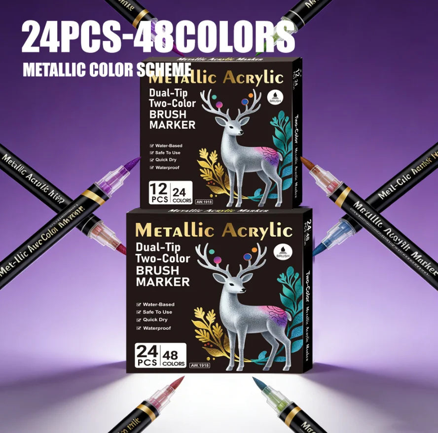 6-24 Pcs Dual Ended Metallic Acrylic Marker Two-color Touch-up Pen Waterproof Permanent for DIY Craft Drawing Graffiti Art Qme