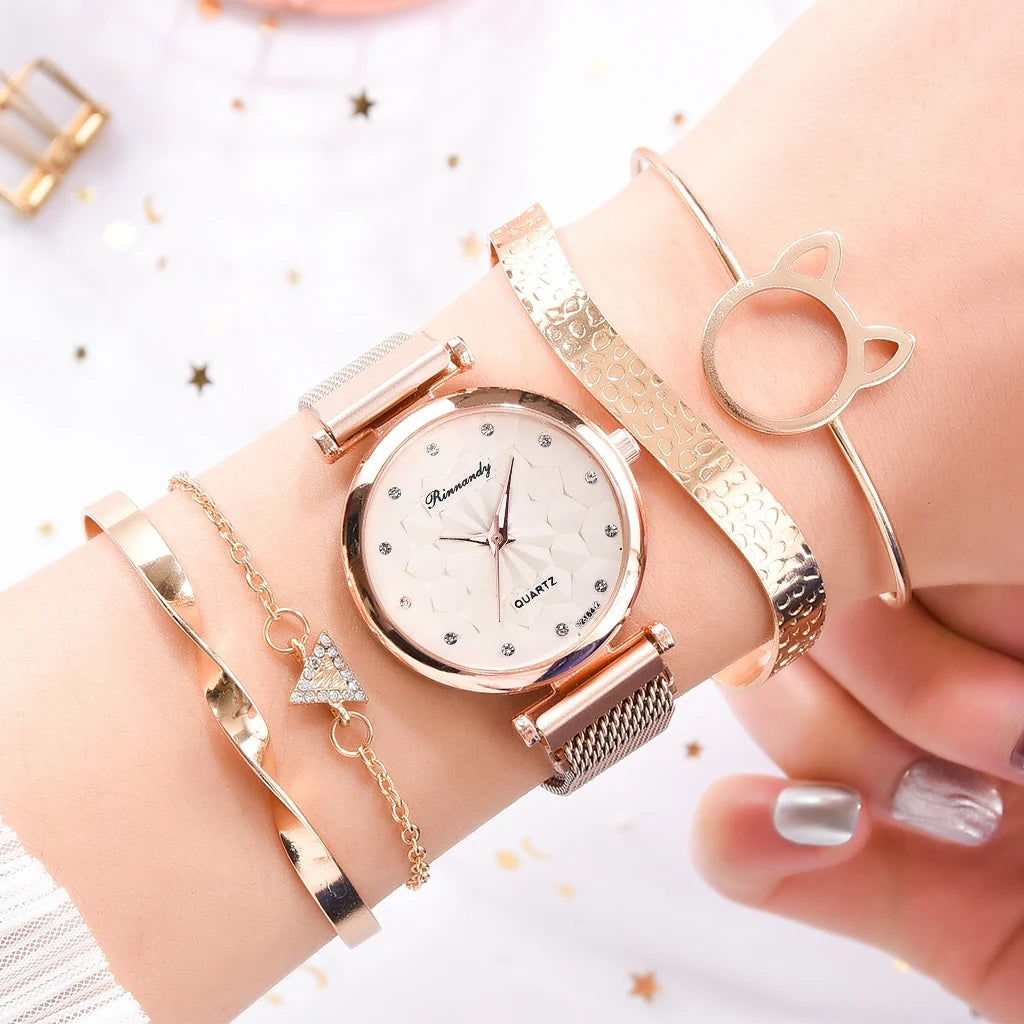 5PCS Bracelet Watches Set Fashion Women Rose Gold Mesh Belt Wristwatches Quartz Watch for Women Business Clock Relogio Feminino Qme