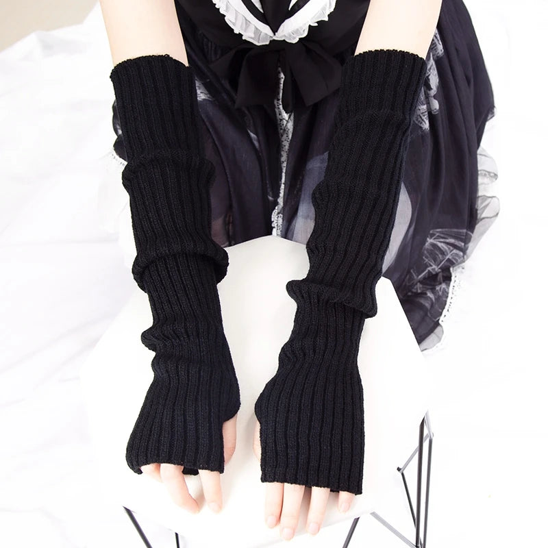 Women Long Fingerless Gloves Soft Female Glove Lolita Kawaii Mitten Qme black length-52cm