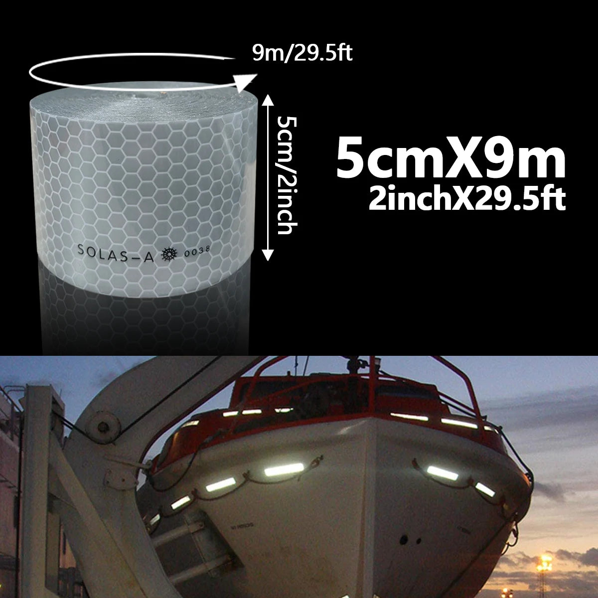 Maritime Film SOLAS Grade Reflective Tape for Ships, Eye-Catching Safety Warning, Silver White Waterproof Super Reflective Qme Length 9m 5cm