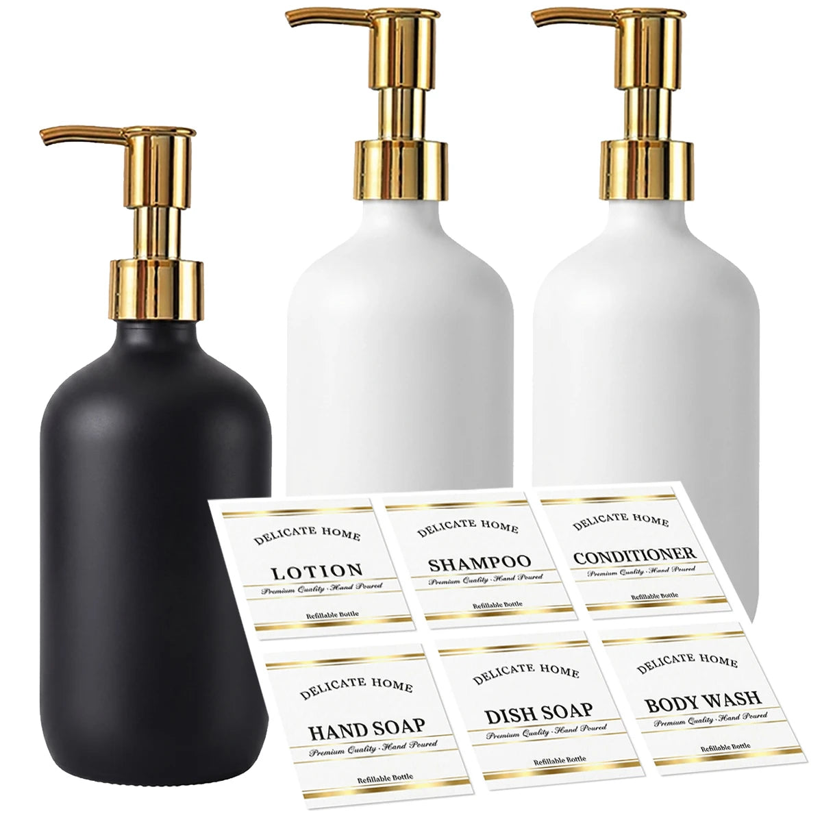 Delicate Home Refillable Shampoo Conditioner Body Wash Bottles Set of 3 Matte Black & White Plastic Pump Bottles Luxury Bathroom Qme type B