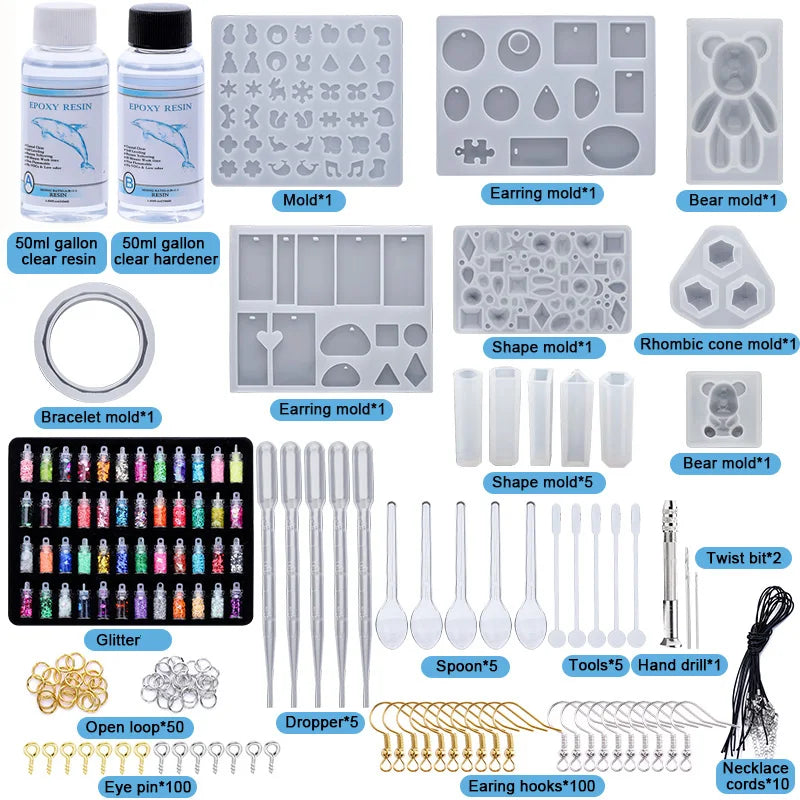 Epoxy Resin Silicone Molds Starter Kit All in One Office Home Decor Art Clear Craft Jewelry Making Kit for Keychain Necklace DIY Qme