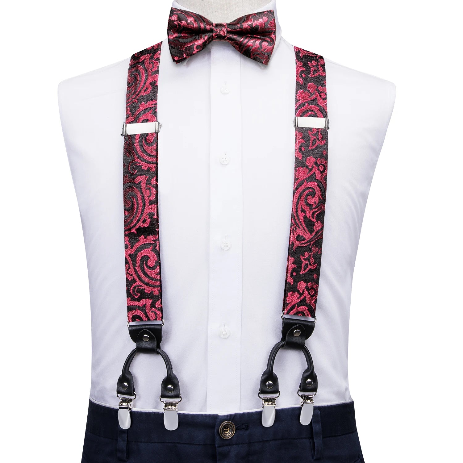 Silk Woven Mens Suspenders Bow Tie Hanky Cufflinks Strength 6 Clips Qme BD-3053