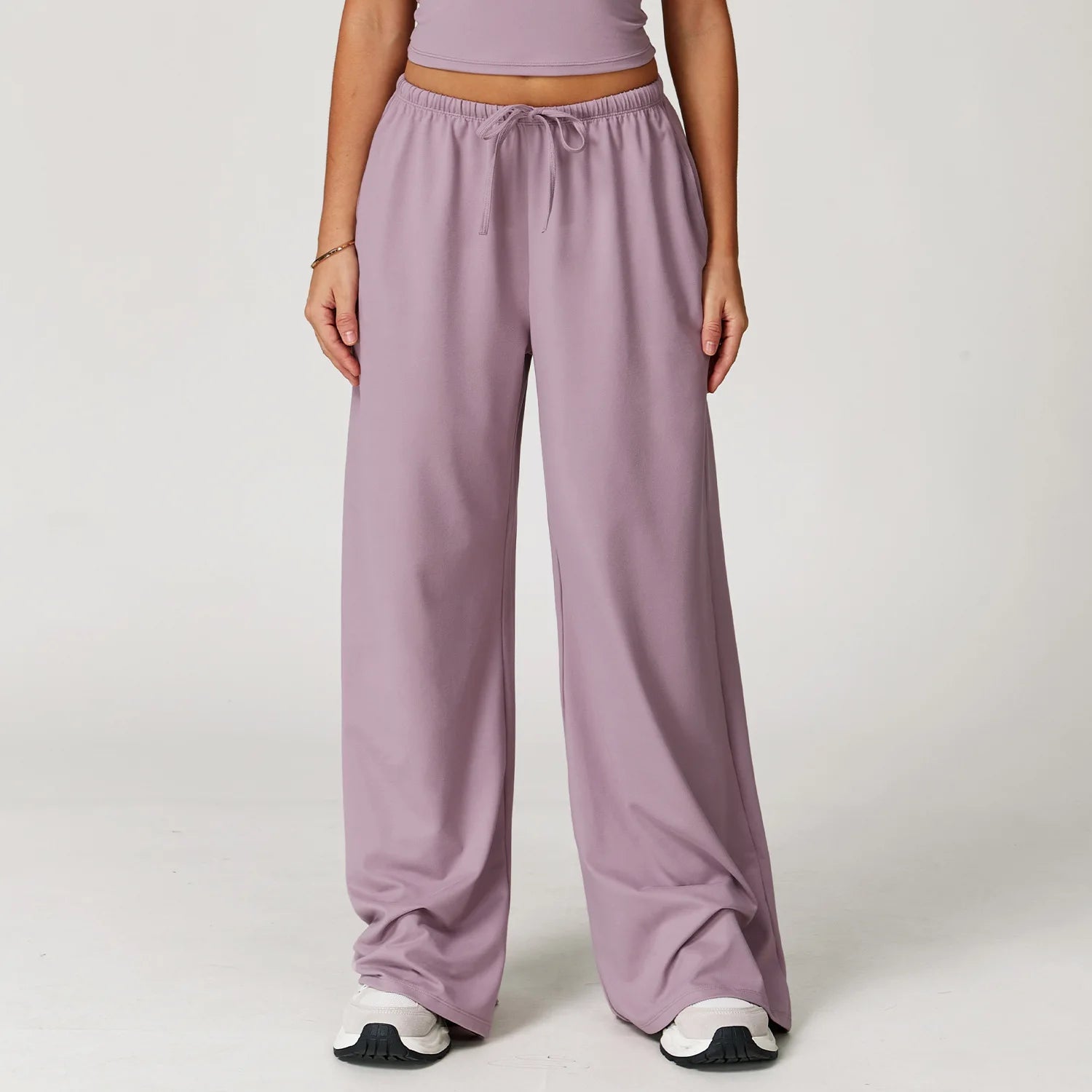 A Women Drawstring High Waist Sports Pants Quick Dry Full Length Wide Leg Yoga Trousers With Pockets For Workout Outdoor Use Qme aromatic purple L