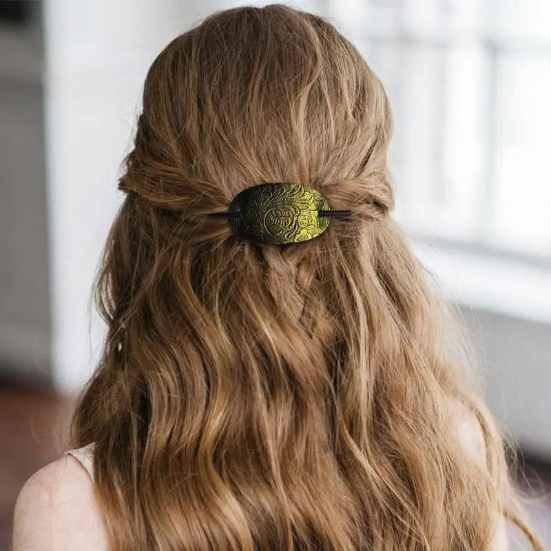 Leather Hair Barrette Stick Oval Shape Faux Ponytail Holders Vintage Qme