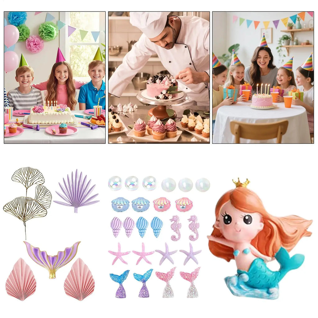 Mermaid Tail Cake Topper Fish Tails Starfish Seashells Crafts Mermaid Cake Decor Set For Kids Girls Boys Students Family Holiday Qme