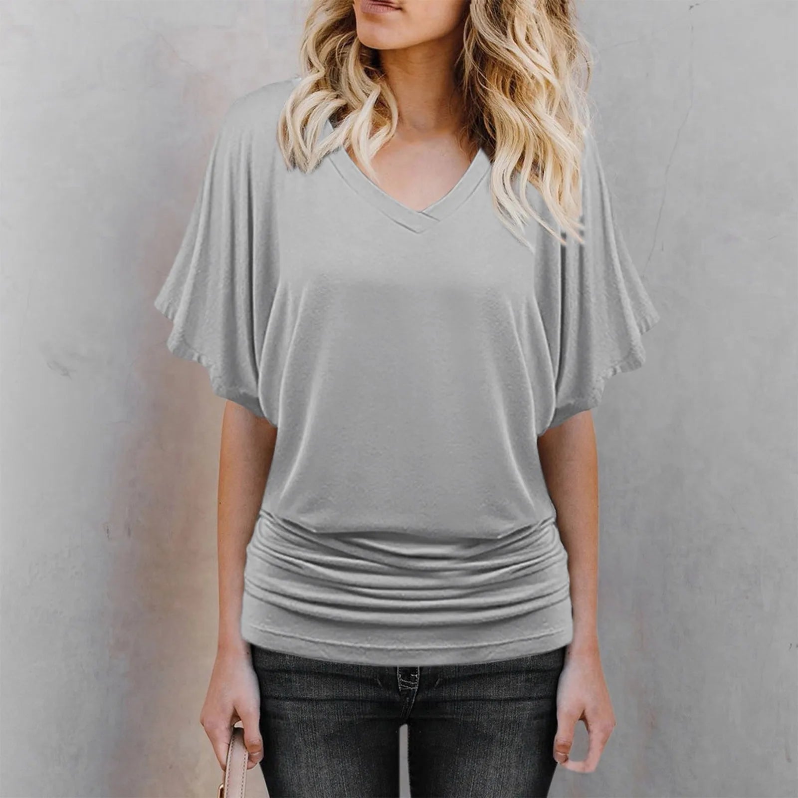 Soft Pleated Summer Bating Short Sleeved V-neck Solid Color T-Shirt Fashionable Classic Soft And Comfortable Daily Top For Lady Qme Gray XXL
