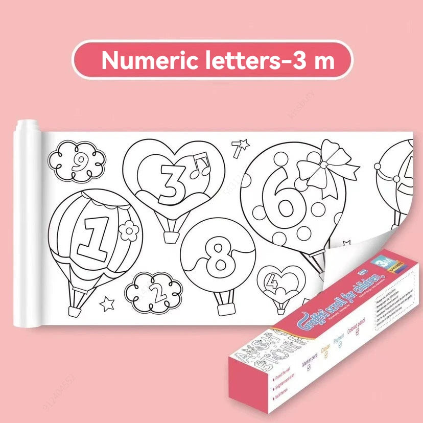 Children's Doodle Scroll Childrens Drawing Roll - 3M, DIY Coloring Paper Roll Color Filling Graffiti Paper-cut Painting School Qme Numeric letters