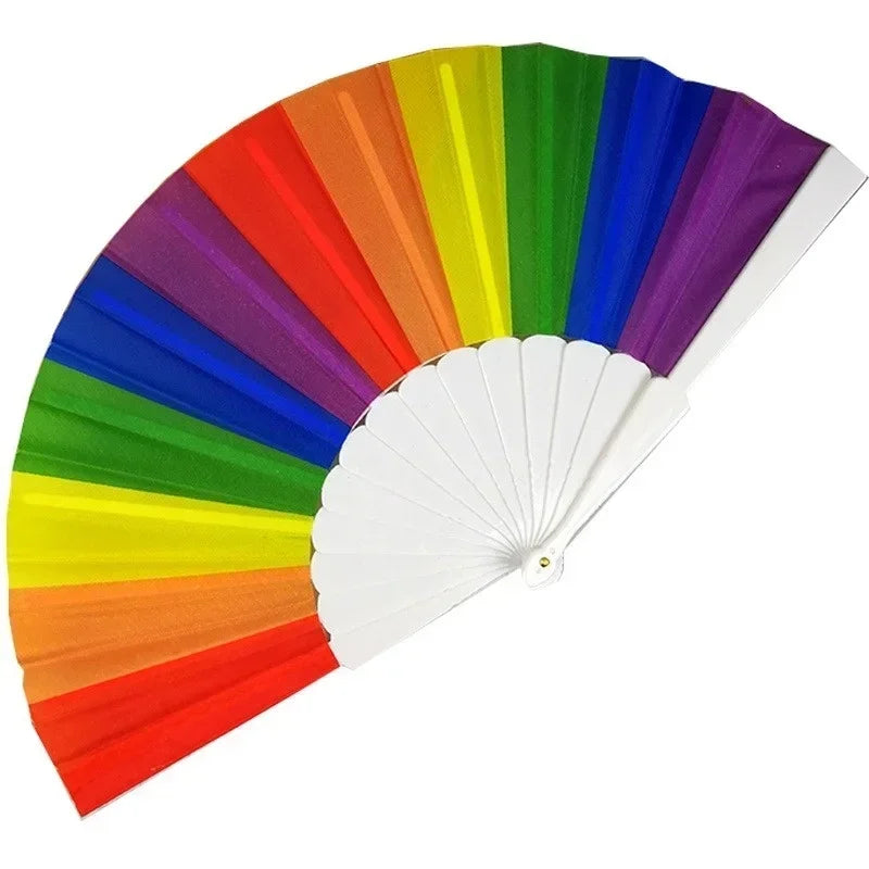 Plastic Hand Crank Fan Foldable Oriental Rainbow Silk Fabric Pocket Qme