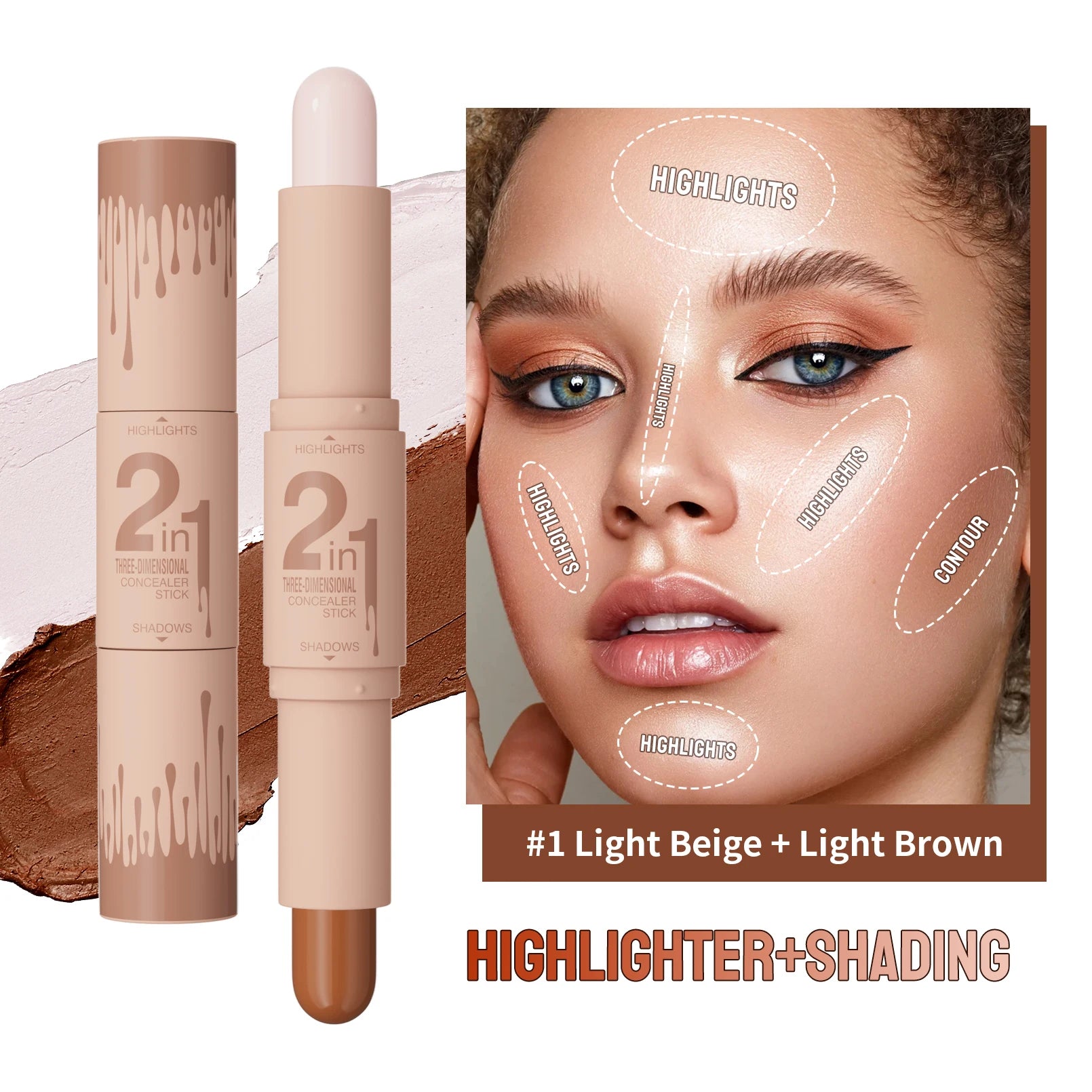 Double-ended dual-purpose high-light trimming stick, three-dimensional contour, nose shadow, facial shape, brighten and trimming Qme 9512-1