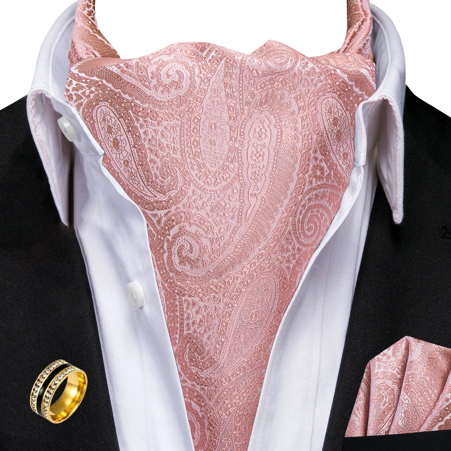 Ascot Tie Set, Classic Cravat with Pocket Square & Decorative Ring, Fashion Men's Neck Accessories Wedding Party silk Daily Wear Qme AS-1134-JZ0020