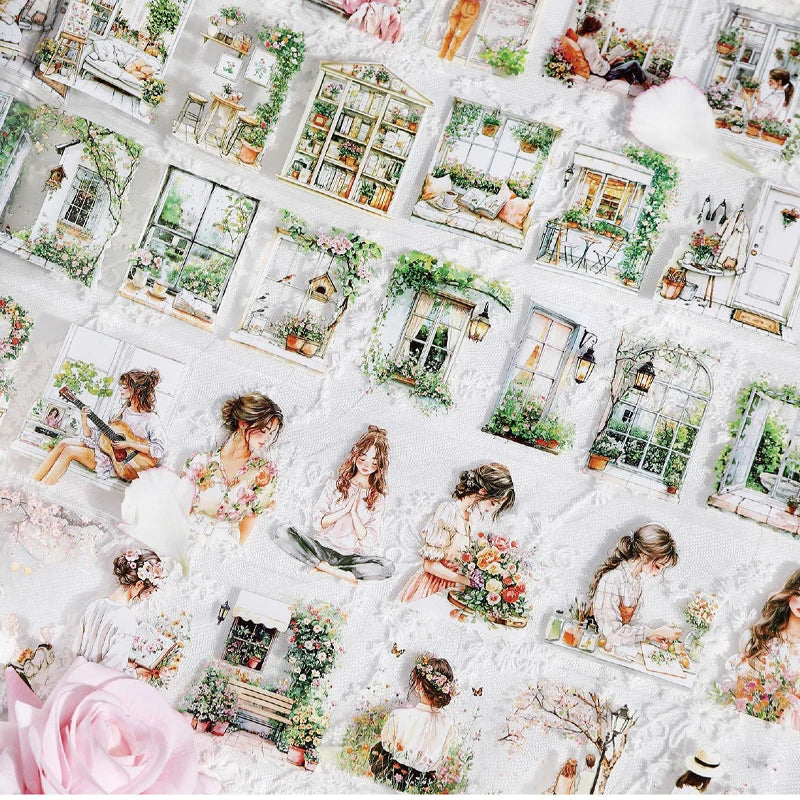 Sticker Tape 60mm*2m Spring Garden Girl PET Die-Cut Tape Scrapbook DIY & Handbook Mobile Phone Case Notebook Decoration Qme