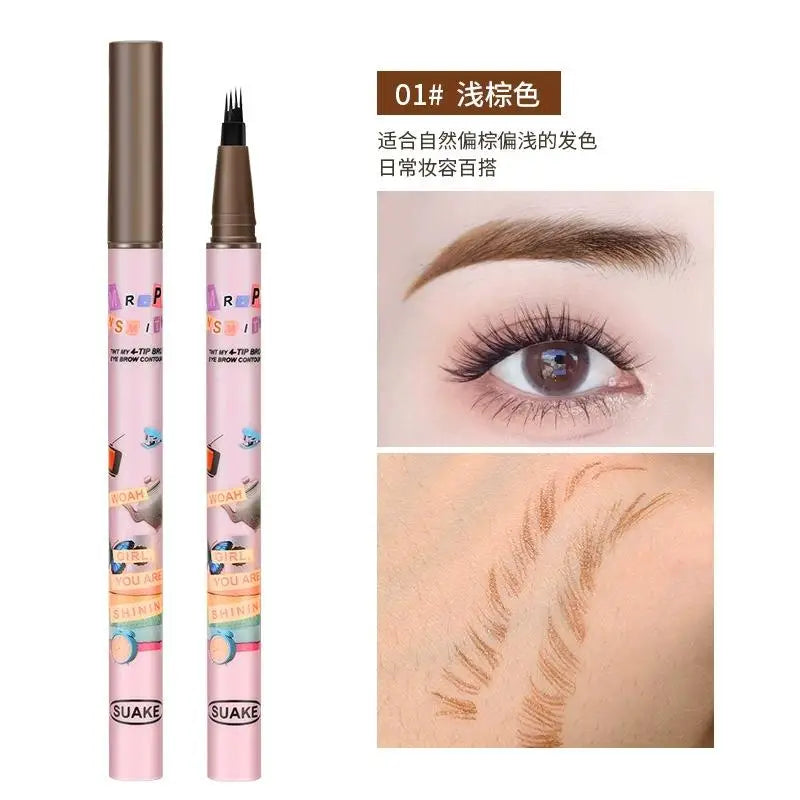 4 Colors Eyebrow Pen Waterproof 4 Fork Tip Eyebrow Tattoo Pencil Cosmetic Long Lasting Natural Dark Brown Liquid Eye Brow Pencil Qme 01 light brown