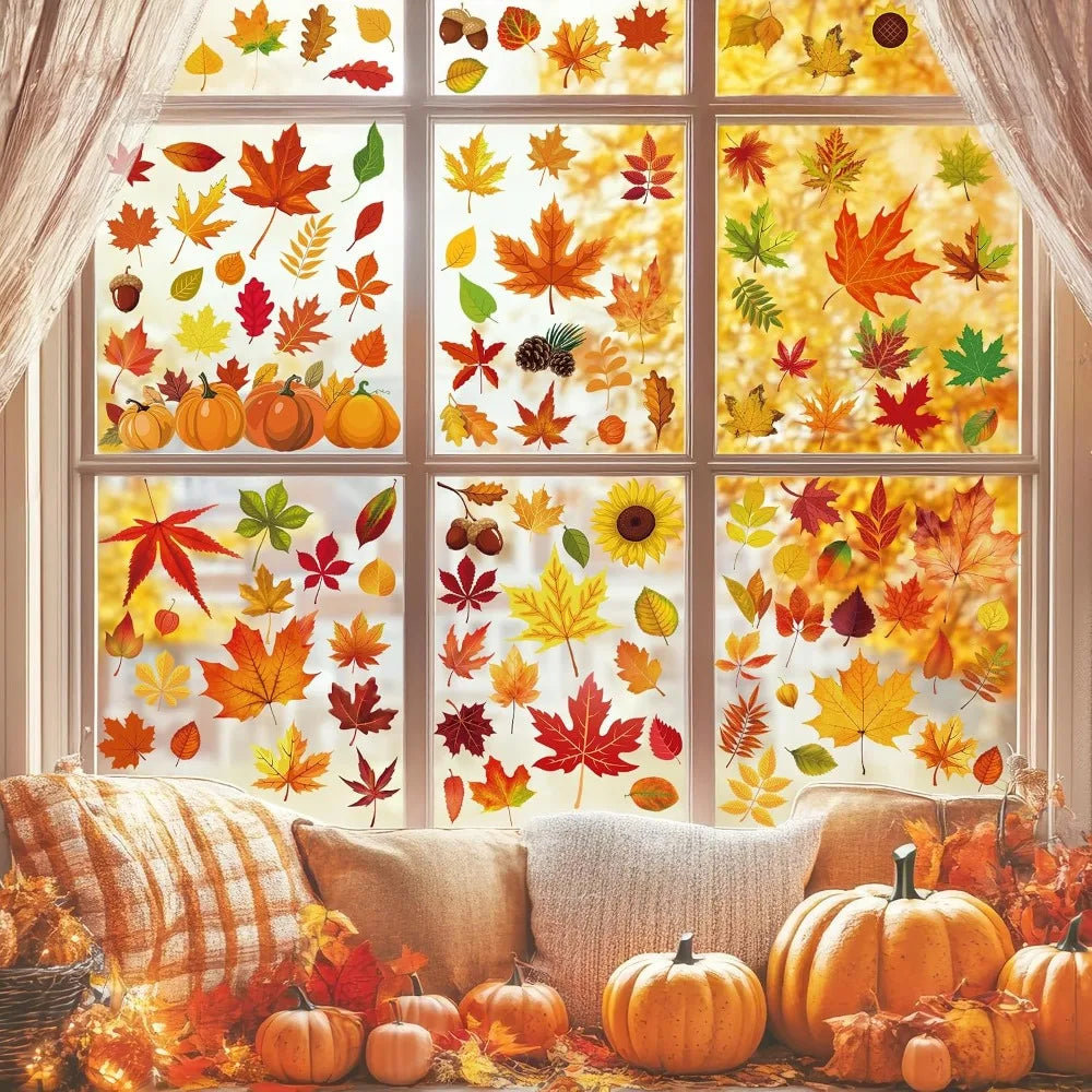 Fall Autumn Window Clings Stickers 5 Sheets Maple Leaves Pumpkin Nuts Qme