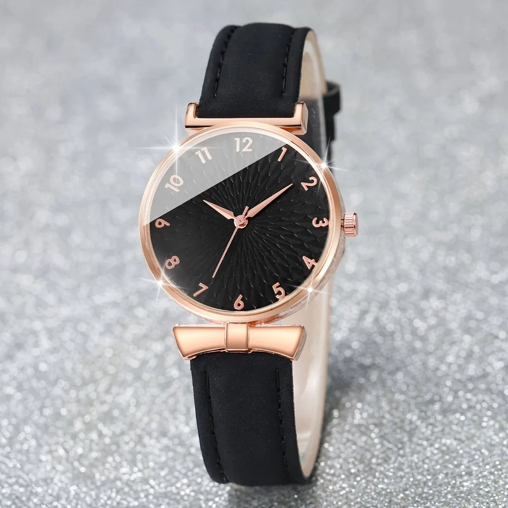 New Black Rose Gold Women's Watch Set with Belt Quartz Watch and Bracelet Six Piece Set (Box Not Included) Qme 2