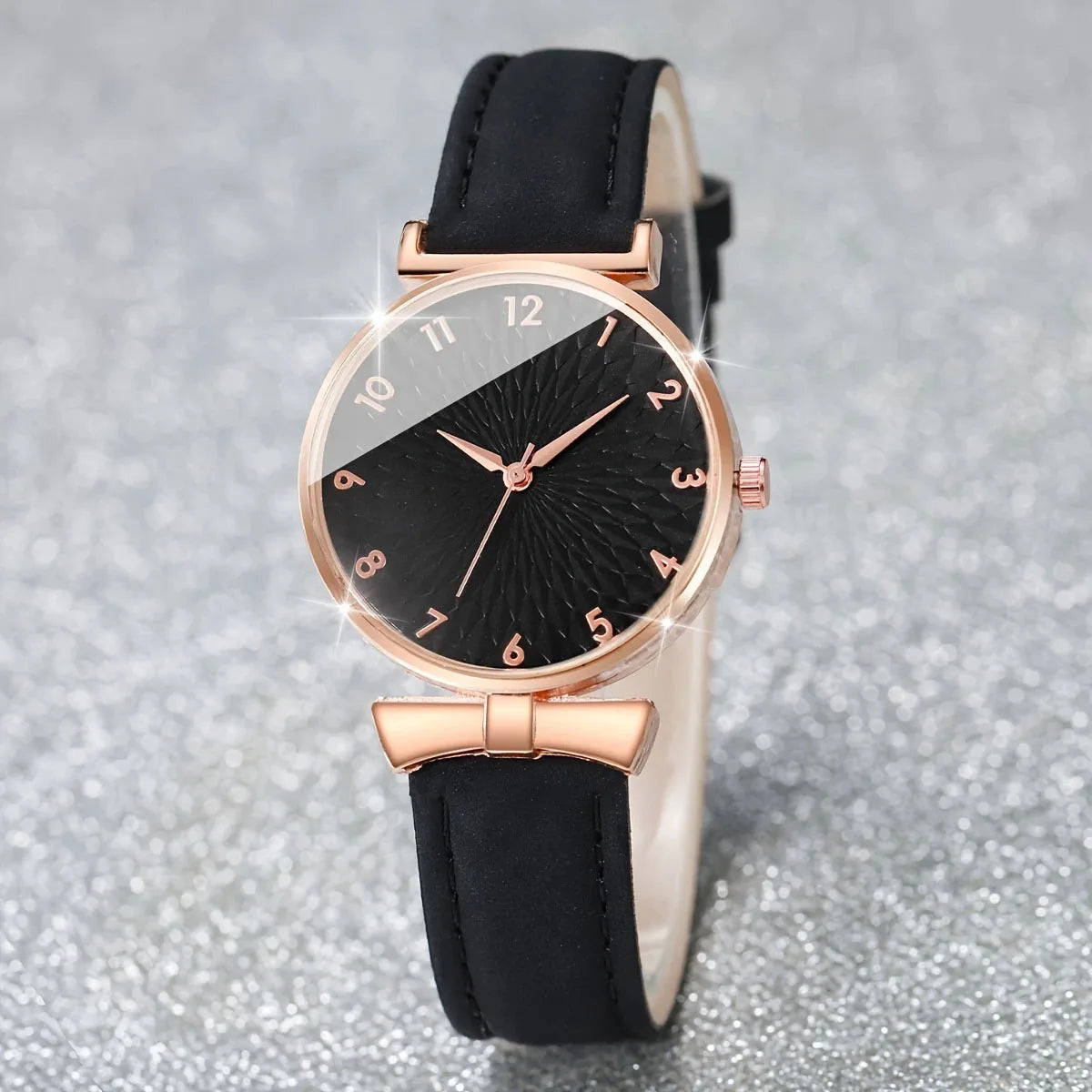 New Black Rose Gold Women's Watch Set with Belt Quartz Watch and Bracelet Six Piece Set (Box Not Included) Qme 2