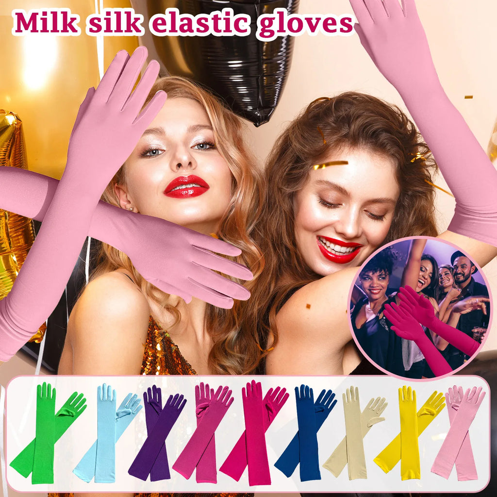 Lightweight Solid Color Milk Silk Elastic Long Mittens Festival Party Group Performance Bar Ball Dress Up Gloves for Female Qme