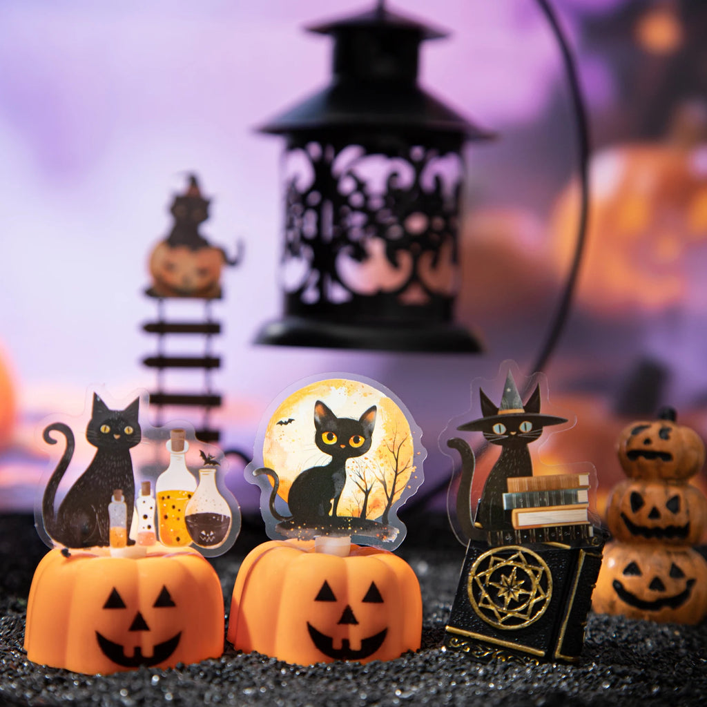 Halloween Cat Pumpkin Stickers 20 Sheets PET Waterproof DIY Scrapbook Journal Laptop Phone Case Decoration for Kids Adults Qme