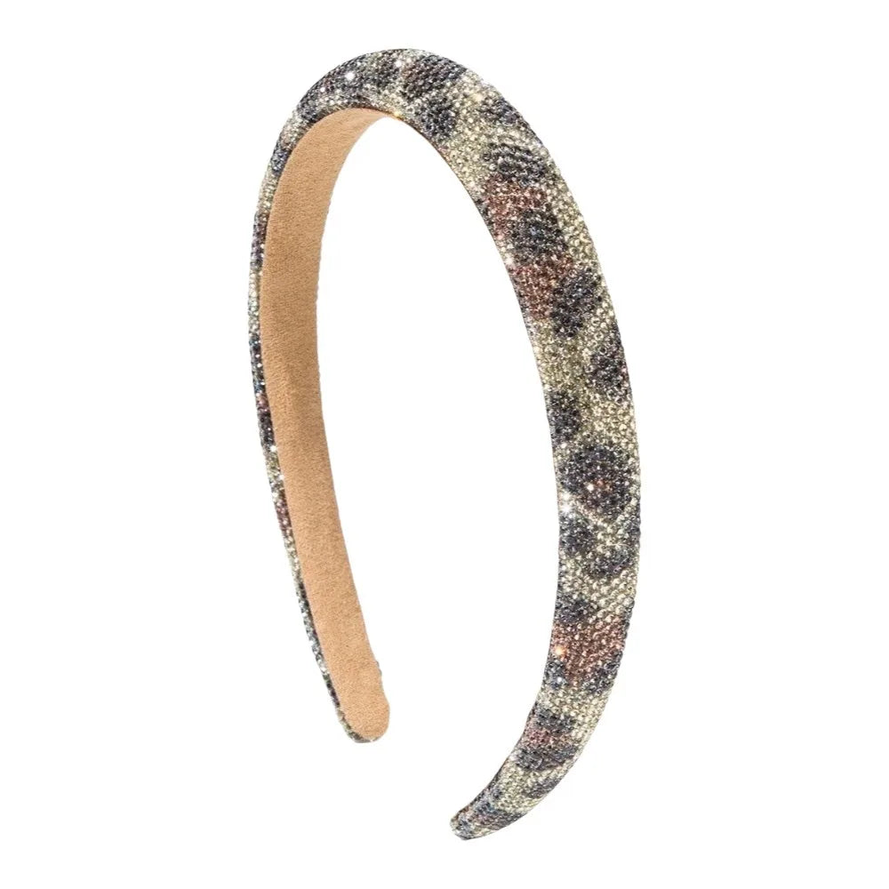 Simple Bling Rhinestone Headband Wide Luxury Leopard Print Hairband Non-slip Glittering Women Hair Hoop Banquet Qme Coffee