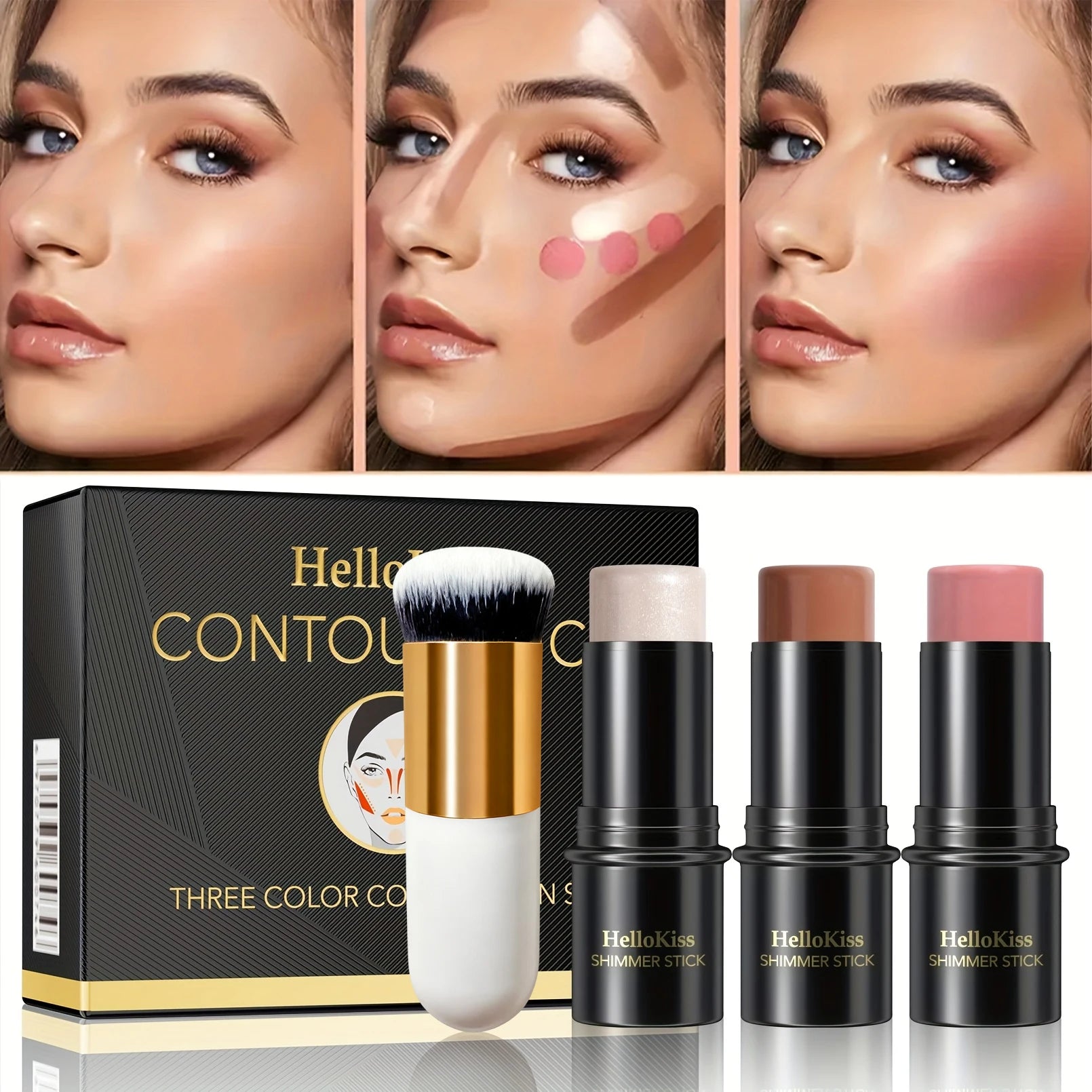 4pcs Contour Stick Set, Highlighter, Blush & Bronzer with Highlight Brush Long-Lasting, Perfect for Halloween & Graduation Gifts Qme