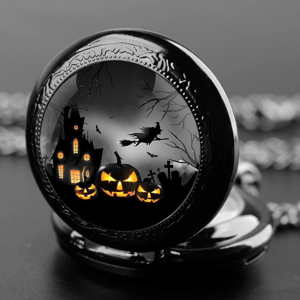 Pumpkin Witch Glass Dome Quartz Pocket Watch With Durable Chain Arabic Numeral Dial Halloween Gifts for Kids Qme