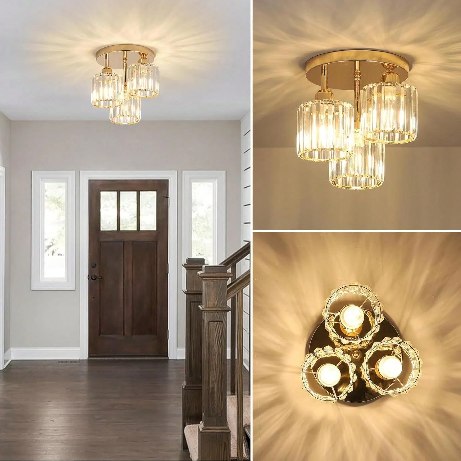 3-Light Modern Semi-Flush Mount Ceiling Light, Gold Crystal Glass Close To Ceiling Lighting Fixture For Kitchen Hallway Bedroom Qme