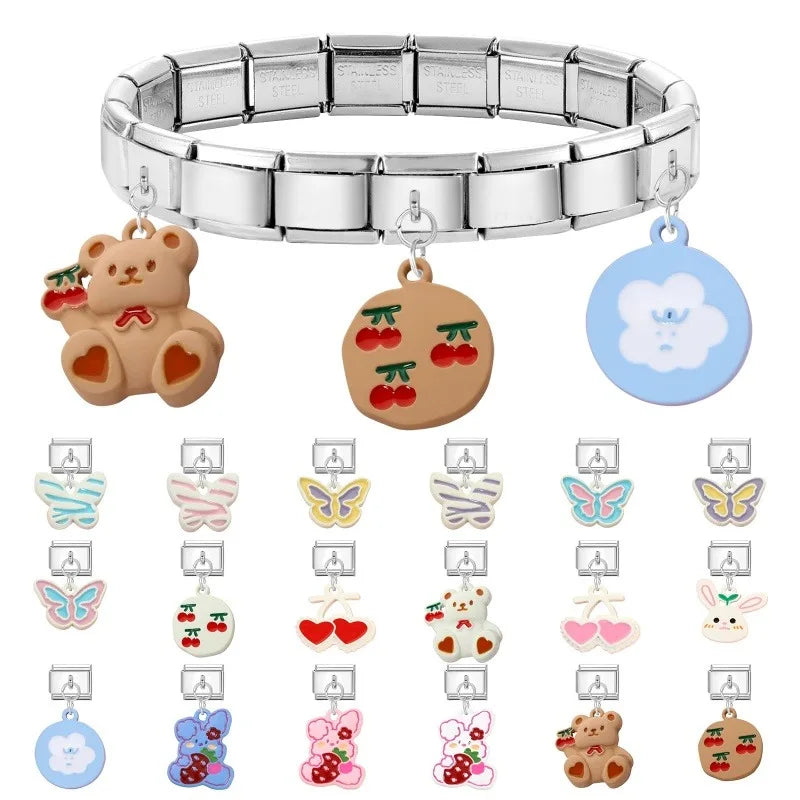 2025 Wholesale Cute Cartoon Rabbit Bear Pendant Italian Charm Links Fit 9mm Stainless Steel Bracelet Women DIY Making Jewelry Qme