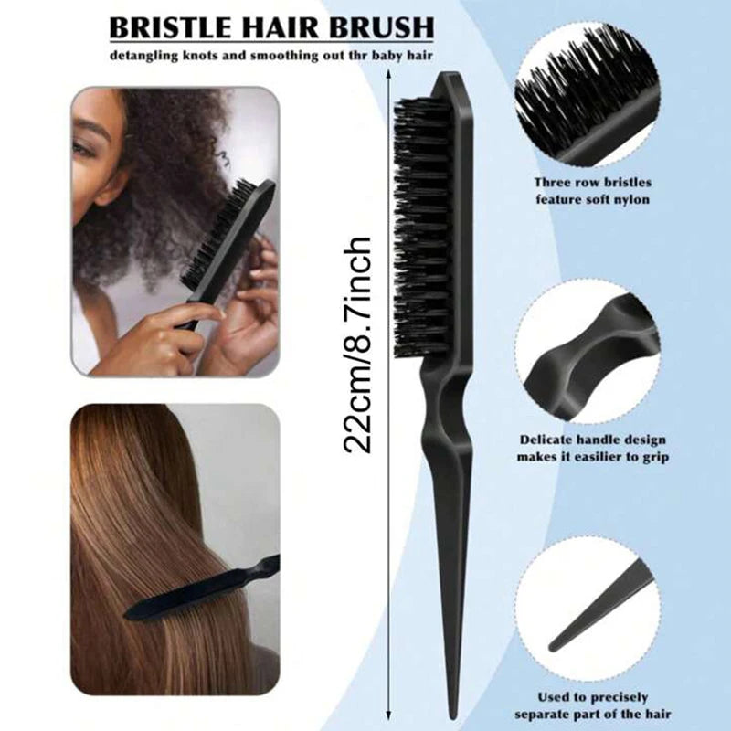 Boar Bristle Slick Back Hair Brush for Sleek Ponytail Bun & Smoothing Baby Hairs, Flyaways, Edge Control - Backcombing & Teasing Qme