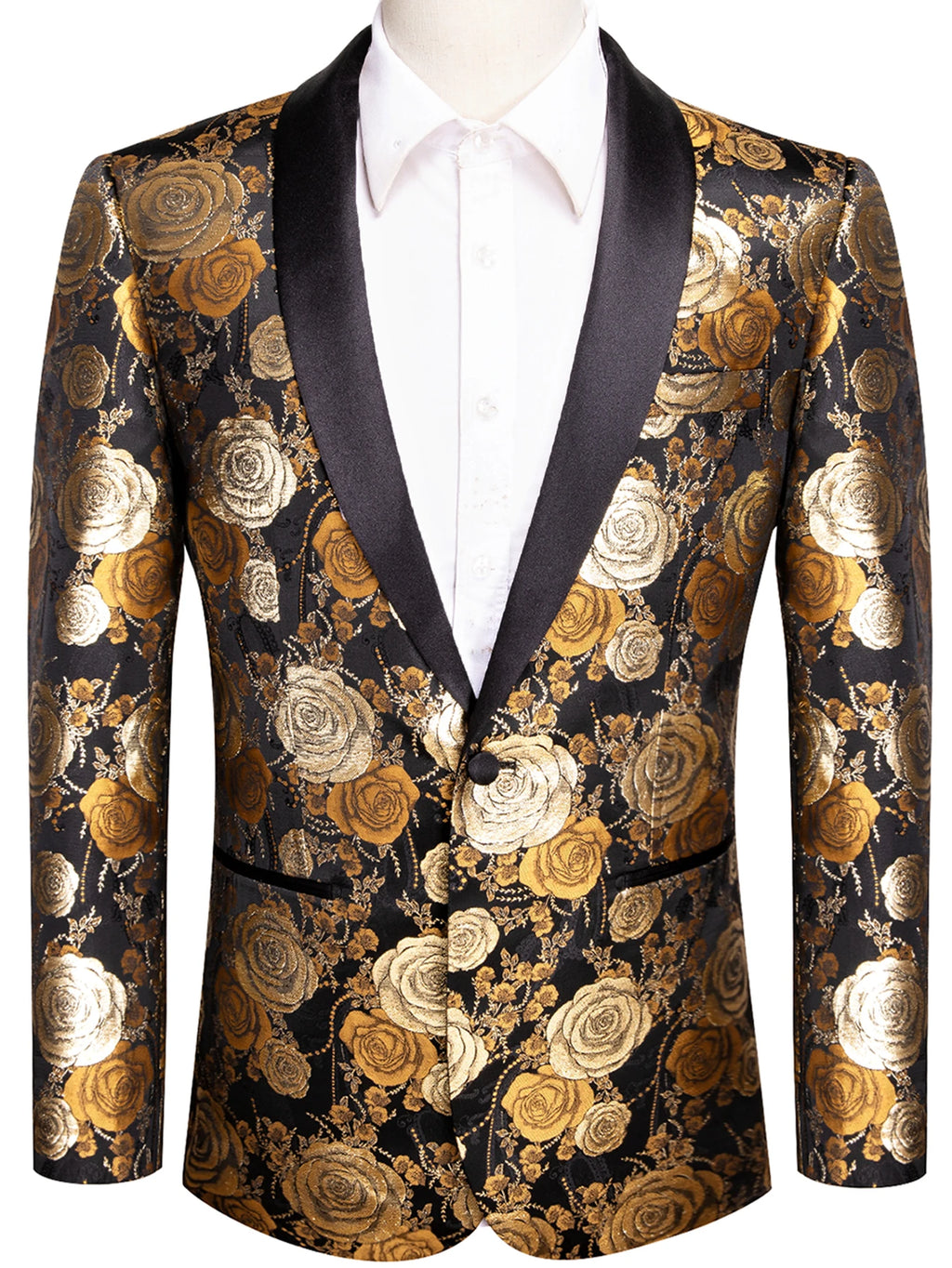 Men's Floral Rose Jacquard Blazer Multiple Colors Blue Red Black Gold Shawl Lapel Tuxedo Jacket for Wedding Prom Party Nightclub Qme XX-1001 S