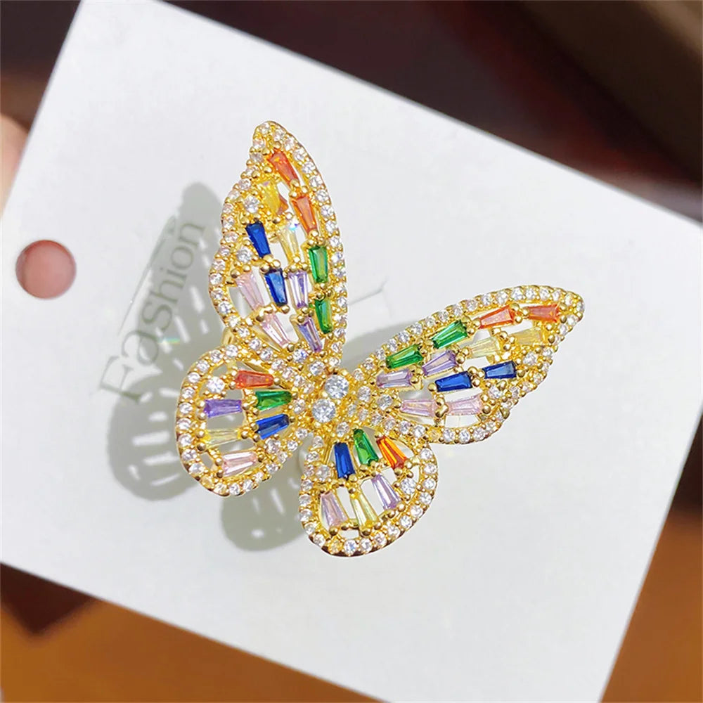 Personalized Colorful Butterfly Zircon Large Ring Adjustable Cute Luxury Shining Butterfly Ring Banquet Jewelry Qme jincai