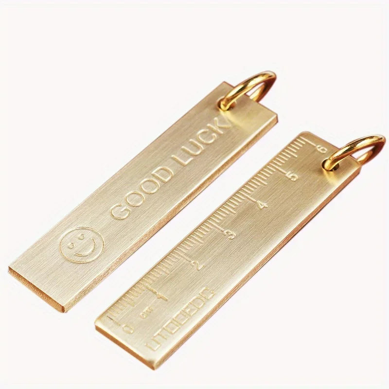 1pc Thickened Miniature 2.36inch Pure Brass Metal Ruler With Keychain And Number Plate Pendant Happy Face Design Qme