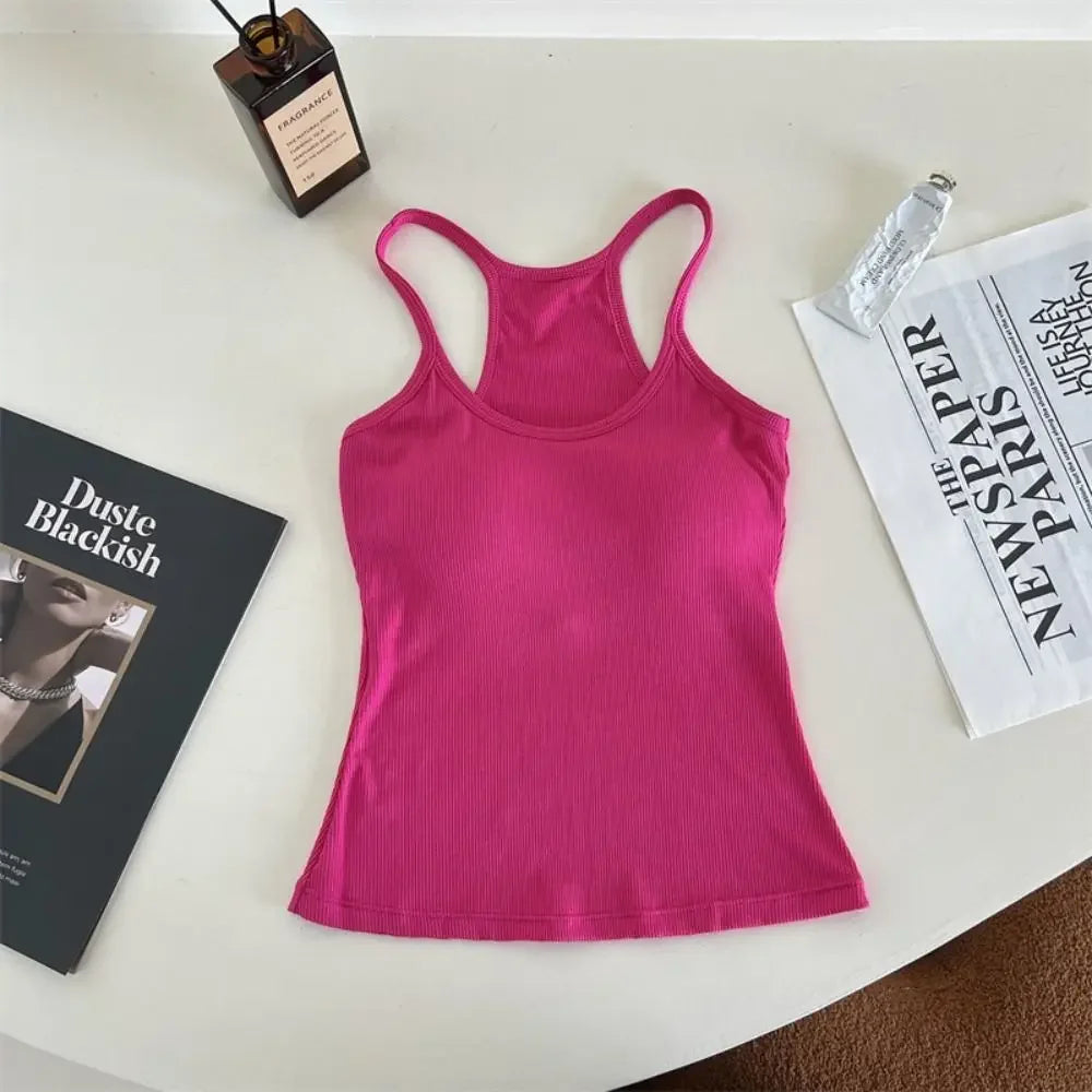 Women Underwear Wire-free Tank Crop Top Sexy Camisole Solid Color Chest Pad Tee American Retro Sleeveless Slim Tank Top Qme MH One Size