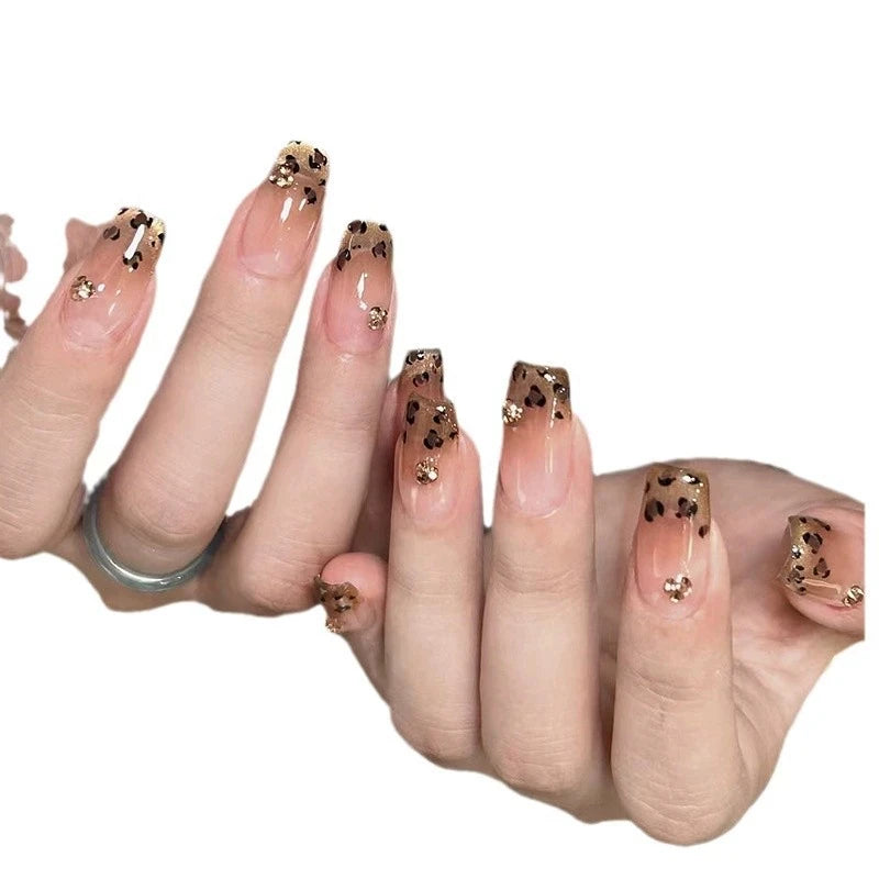 Leopard Print Fake Nails Art French Polka Dot False Nails Charms Long Pointed Press on Nails Manicure Tools Qme