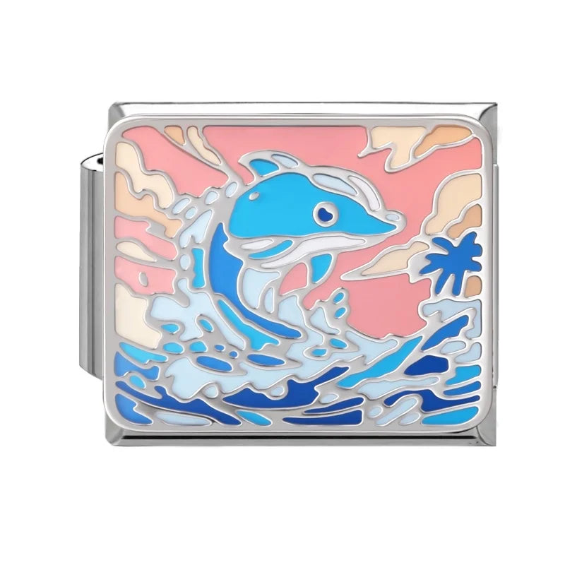 2026 New Summer Ocean Theme Crab Fish Italian Charms Link 9mm Golden Modular Bracelet Stainless Steel DIY Gift Jewelry Wholesale Qme Style 9