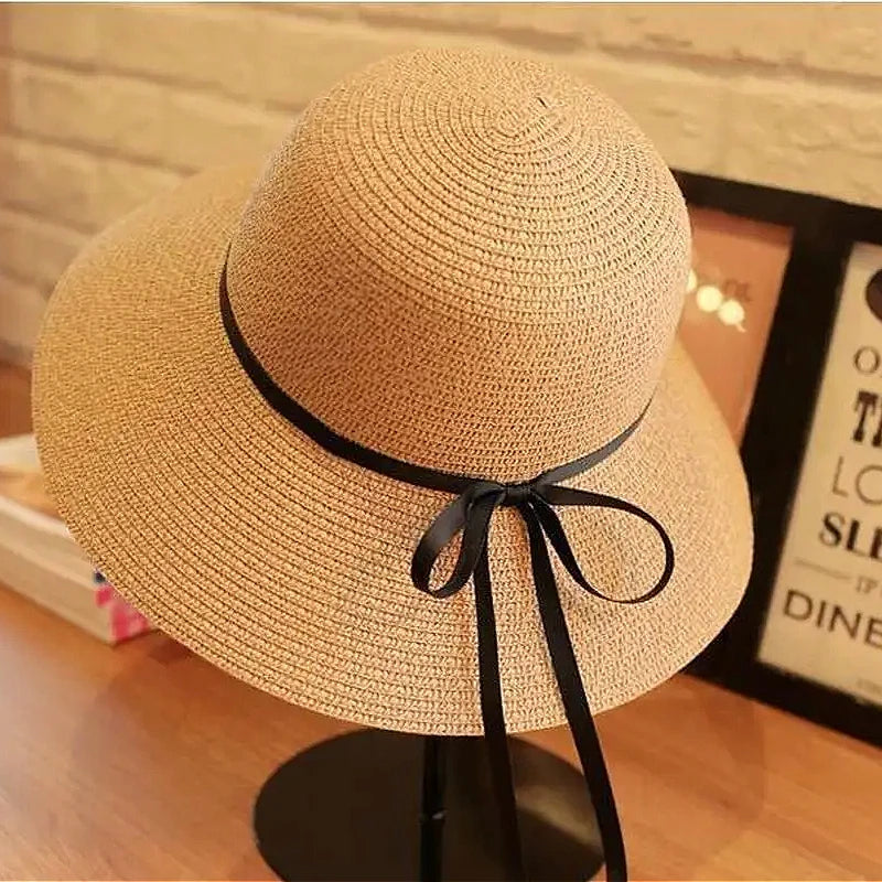 Wide Brim Bowknot Ribbon Straw Sun Hats Women Girls Summer UV Qme