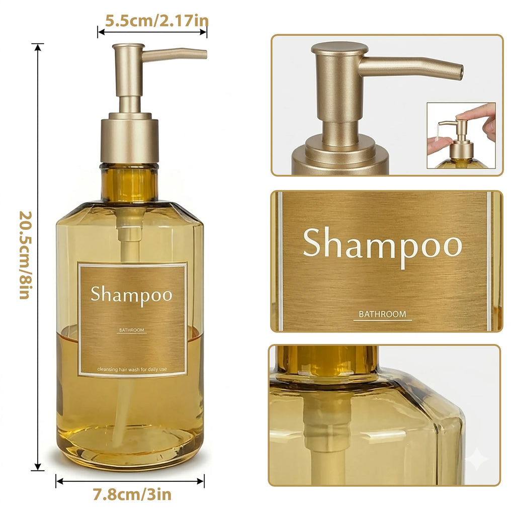 3PCS Shower Soap Dispenser Bottles with Waterproof Labels, Luxury Guest Bathroom Decoration Gold Bottles for Shampoo Conditioner Qme
